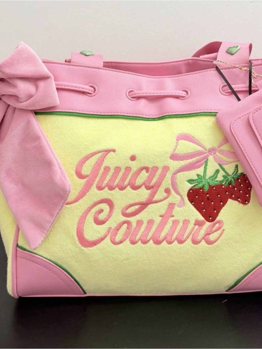 Juicy Couture Pink and Yellow Strawberry Tote with Bow Accent